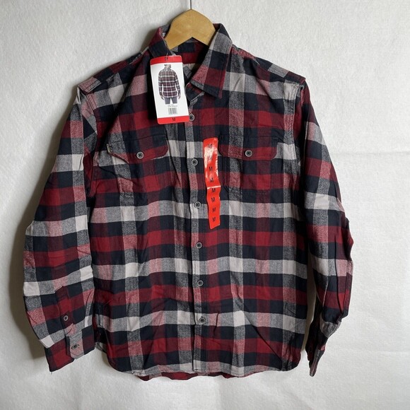 JACHS Red Blue  Brawny Plaid Flannel Men's MEDIUM Long Sleeve Shirt Pockets - Picture 7 of 10